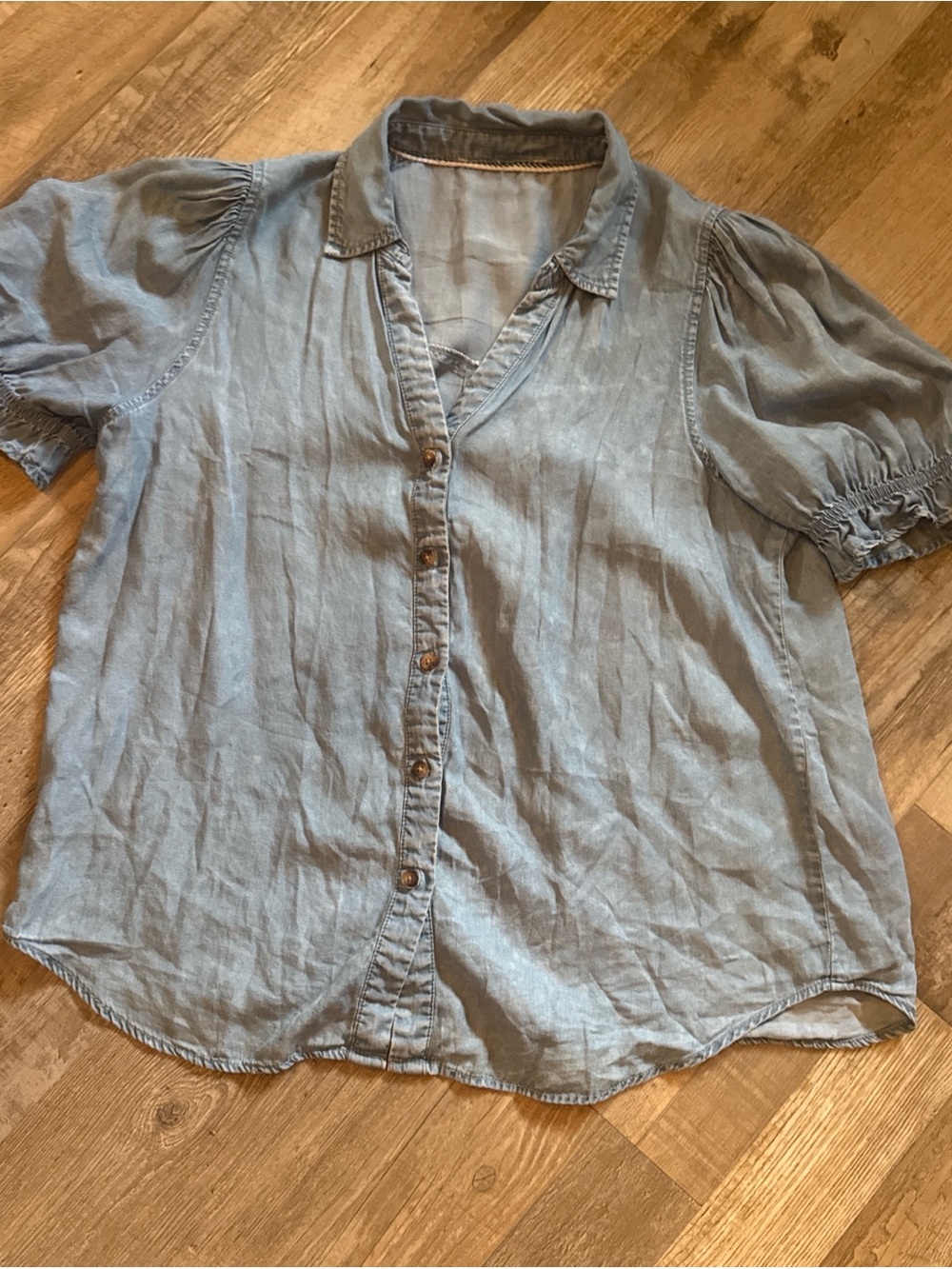 Light Blue Linen-Blend Button Front Women's Top